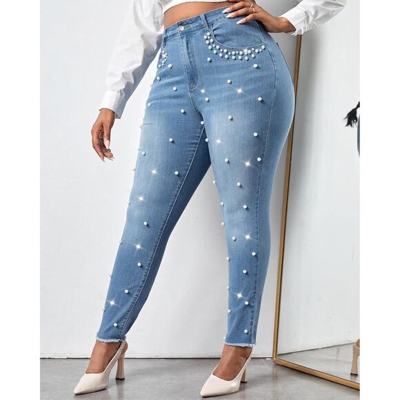 Women's High Rise Slim Fit Denim Jeans Pearl Beaded Frayed Fringe - Picture 5 of 7